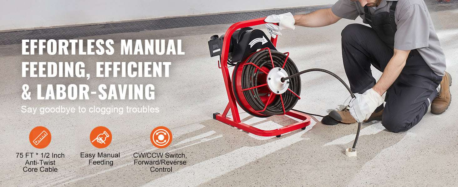 Electric Drain Cleaner Machine 75FT Sewer Snake Auger with Cutters-