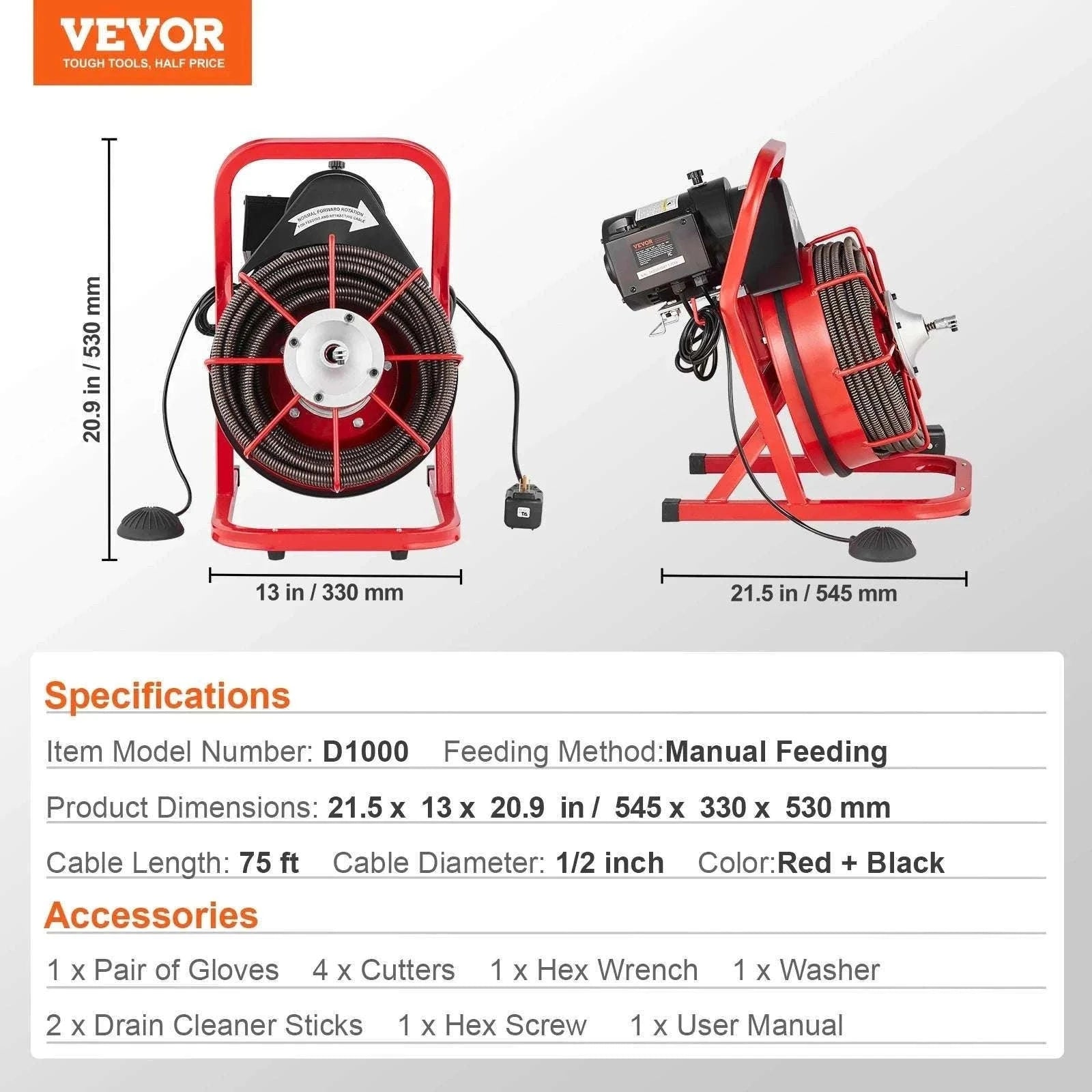 Electric Drain Cleaner Machine 75FT Sewer Snake Auger with Cutters-