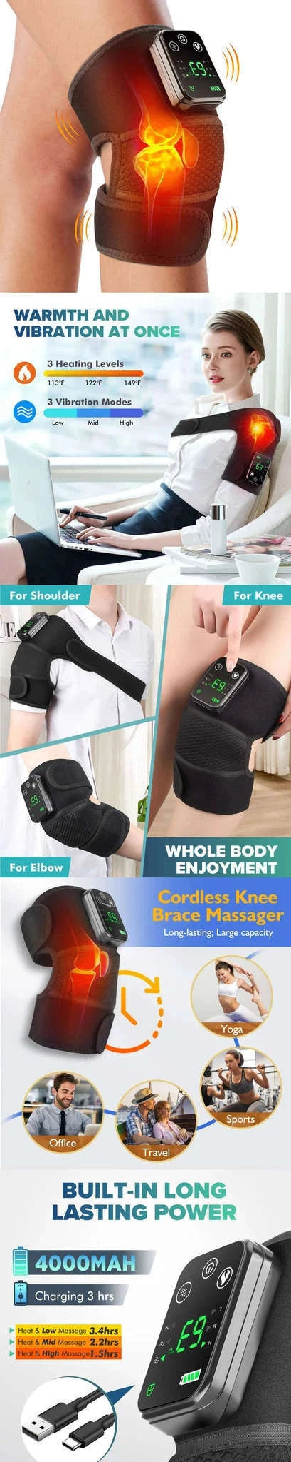 Electric Heated Knee Massager with Vibration and Warmth-TypeC -only knee / 2PCS-1 pair / CN