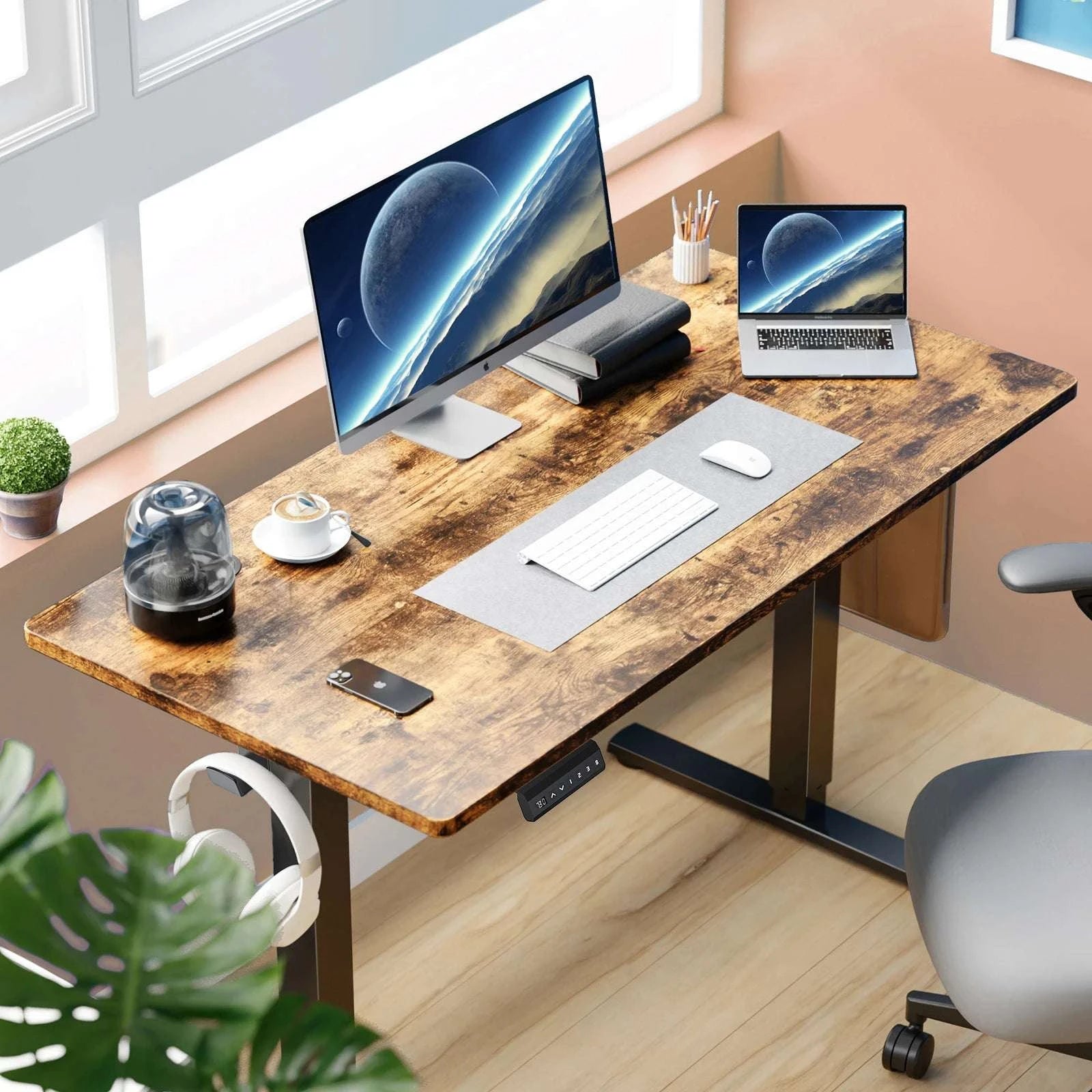 Electric Height Adjustable Standing Desk 63x24 Sit Stand Workstation-OAK / United States
