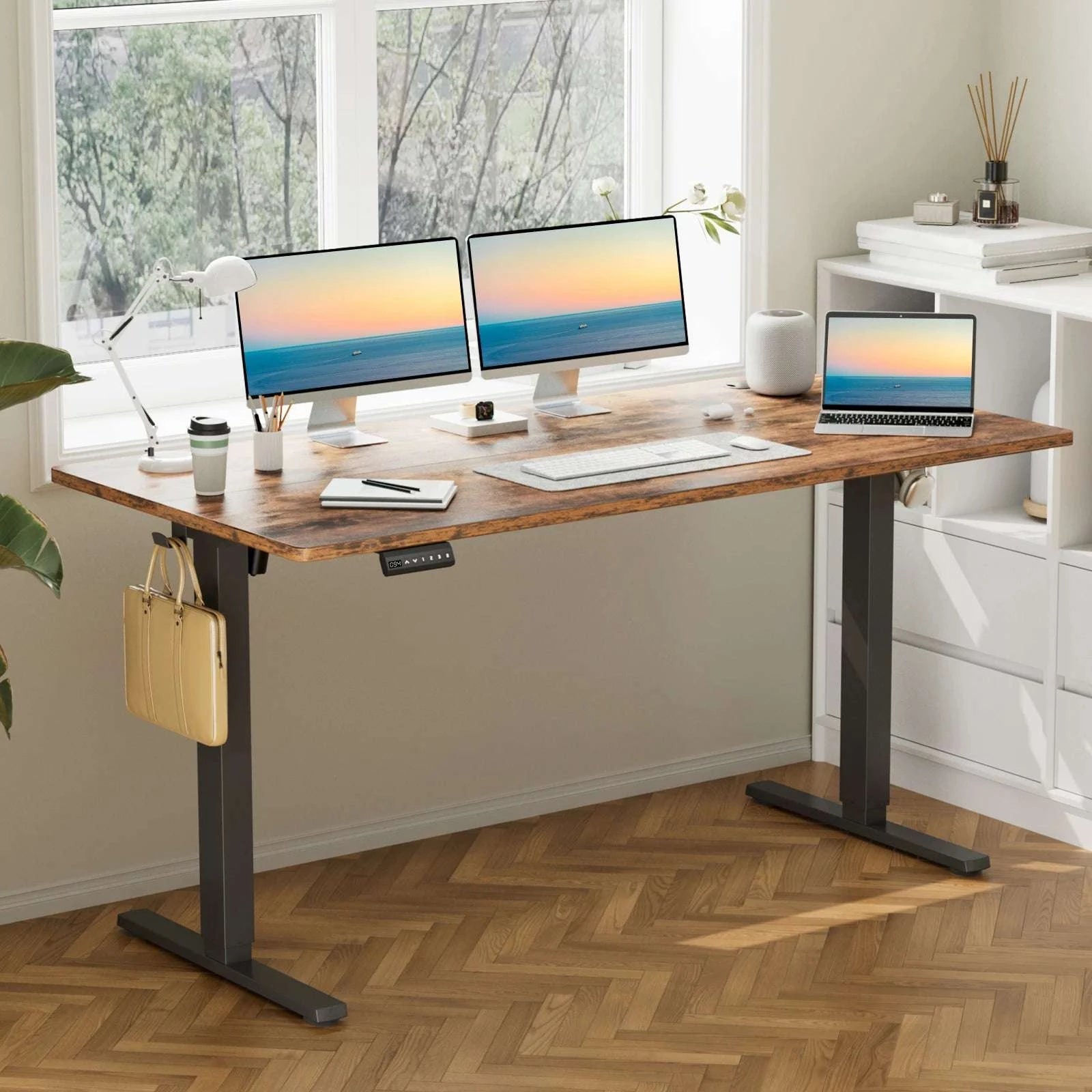 Electric Height Adjustable Standing Desk 63x24 Sit Stand Workstation-OAK / United States