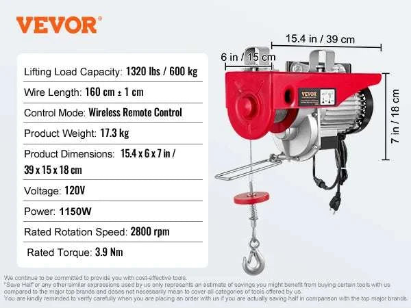 Electric Hoist 200–800kg with Remote Control for Garage Lifting-Wired 600kg / United States