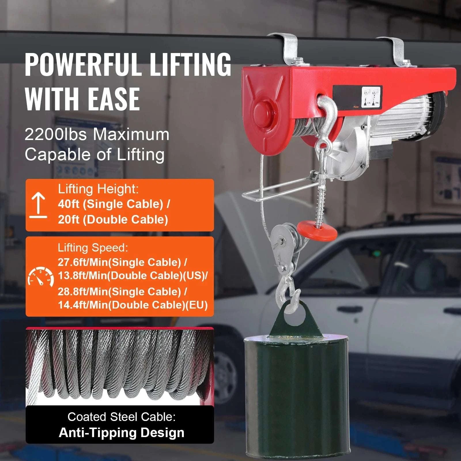 Electric Hoist 2200 lbs with Wireless & Wired Control Crane-2200lbs / United States