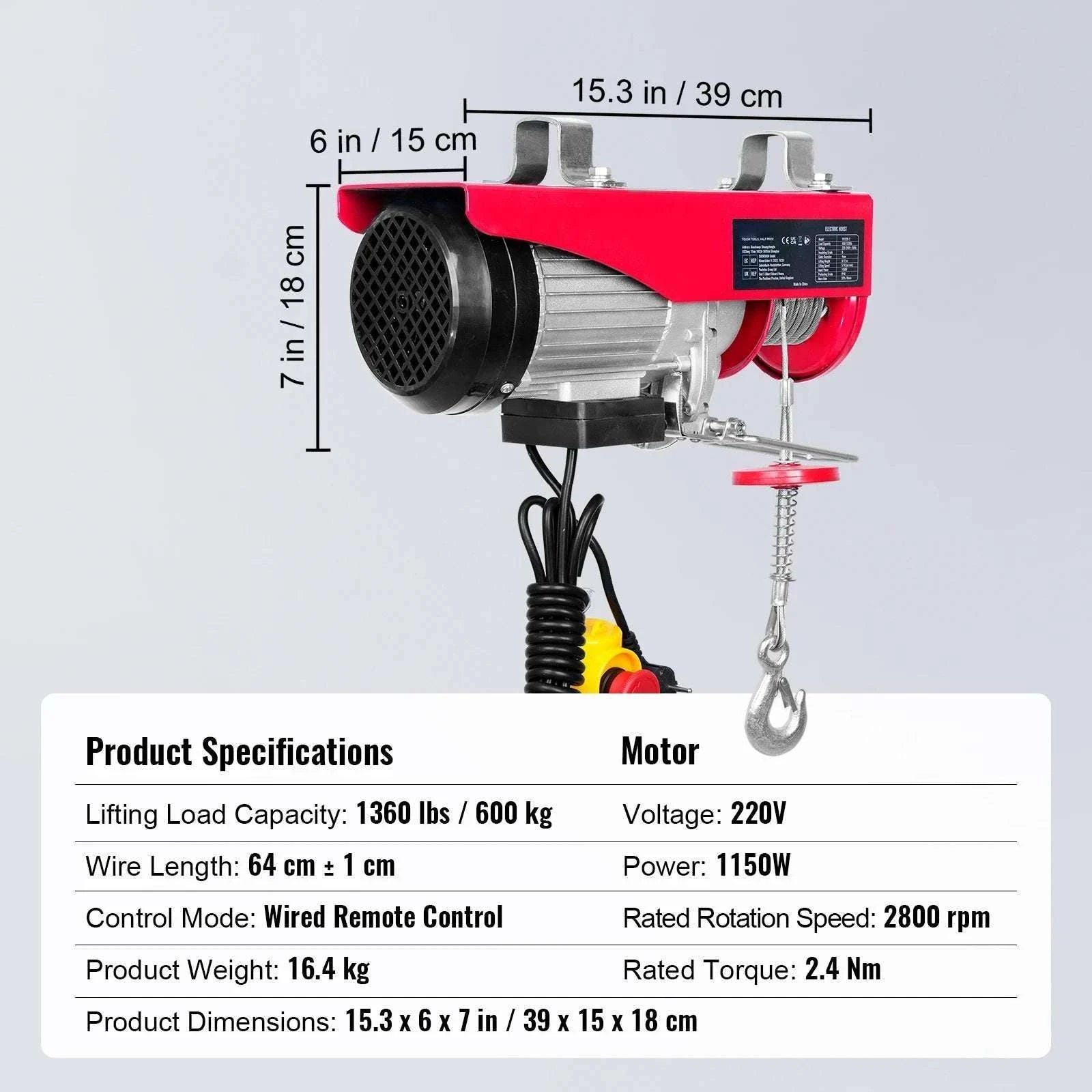 Electric Hoist Winch 550–2640 lbs with 40ft Cable for Garage Use-2640 lbs / CZECH REPUBLIC