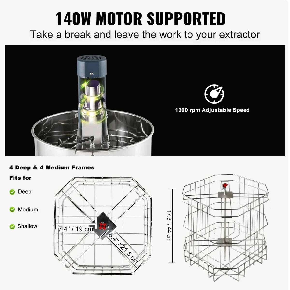 Electric Honey Extractor 4/8 Frames Stainless Steel with Adjustable Stand-18.5in / spain