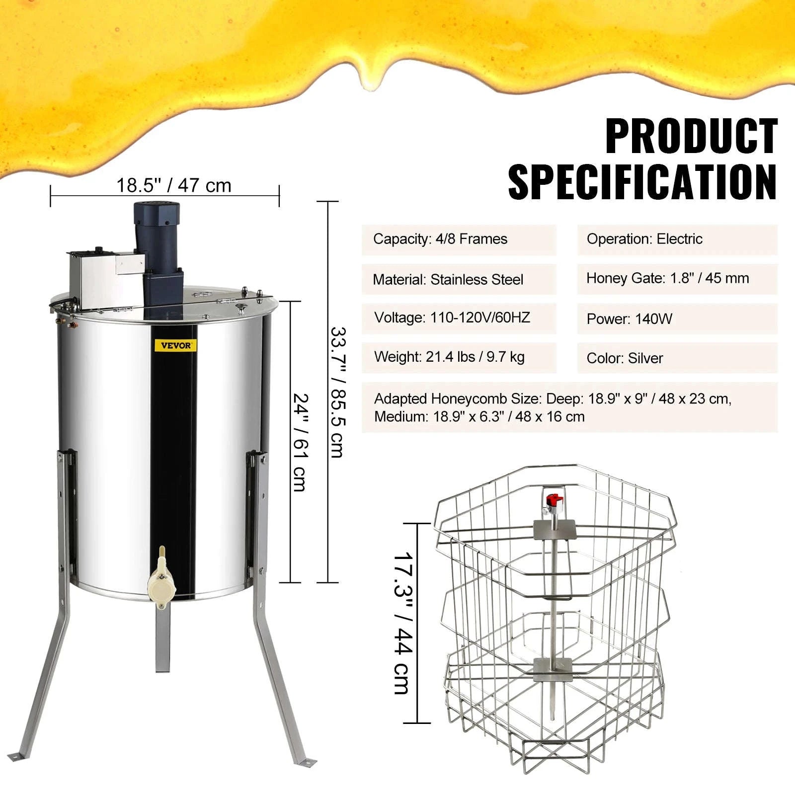 Electric Honey Extractor 4/8 Frames Stainless Steel with Adjustable Stand-18.5in / spain