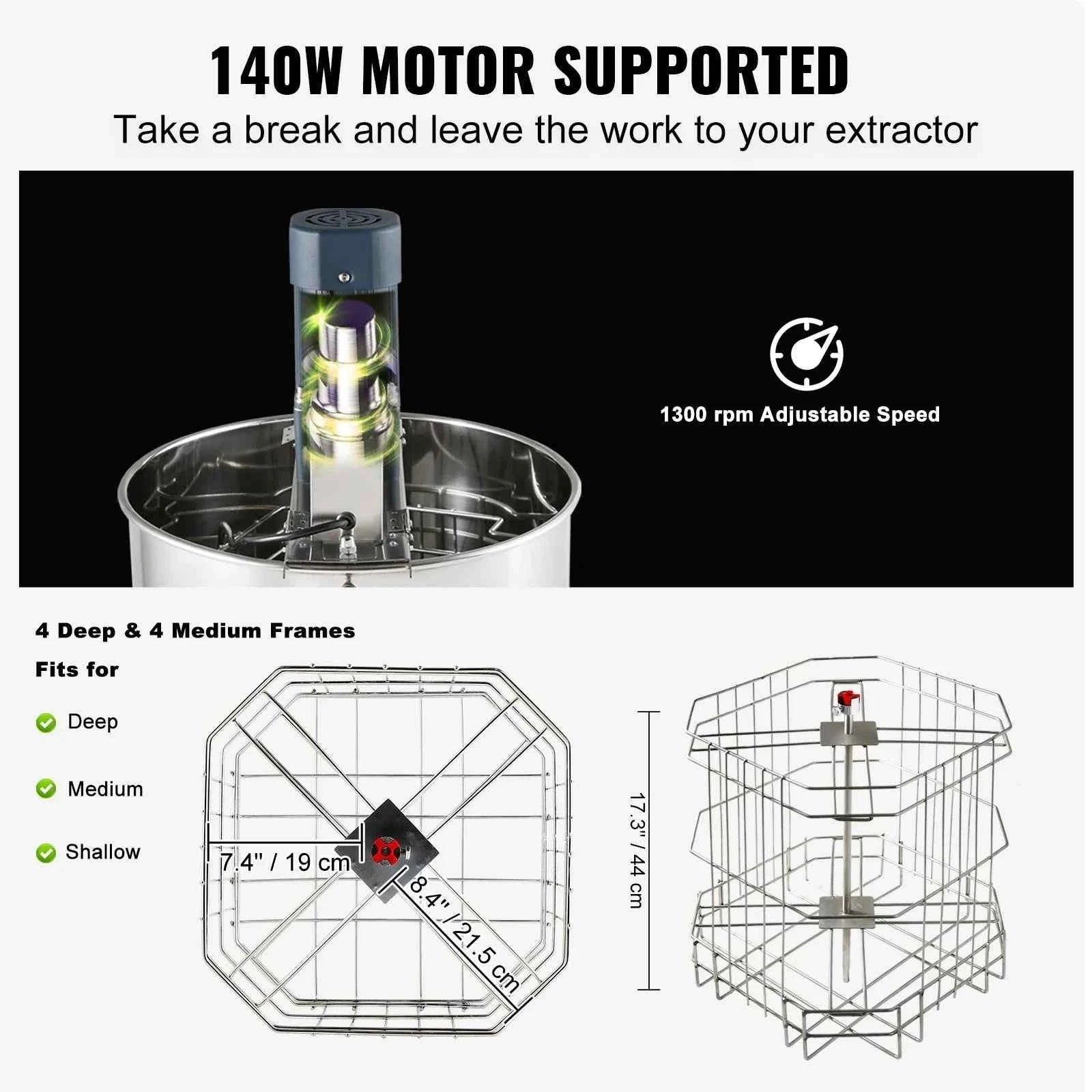 Electric Honey Extractor 4/8 Frames Stainless Steel with Adjustable Stand-18.5in / spain