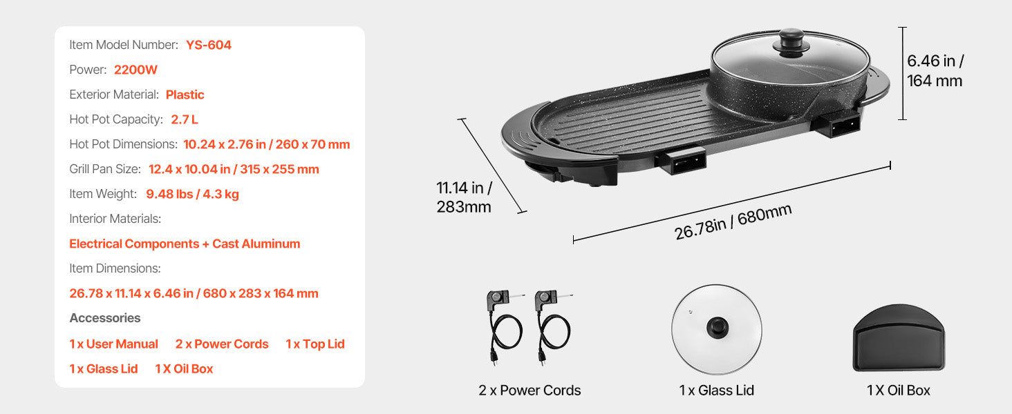 2200W 2-in-1 Electric Hot Pot with Grill for 1-6 People