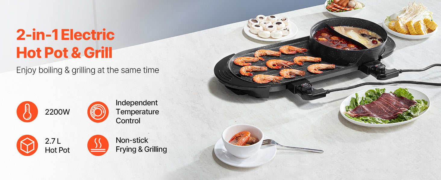 2200W 2-in-1 Electric Hot Pot with Grill for 1-6 People