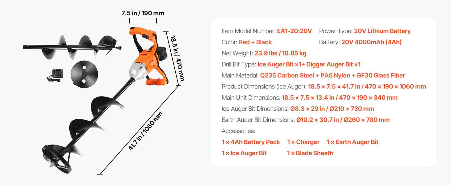 Electric Ice Auger 8" Cordless Drill with Dual Ice & Earth Bits-20V / United States