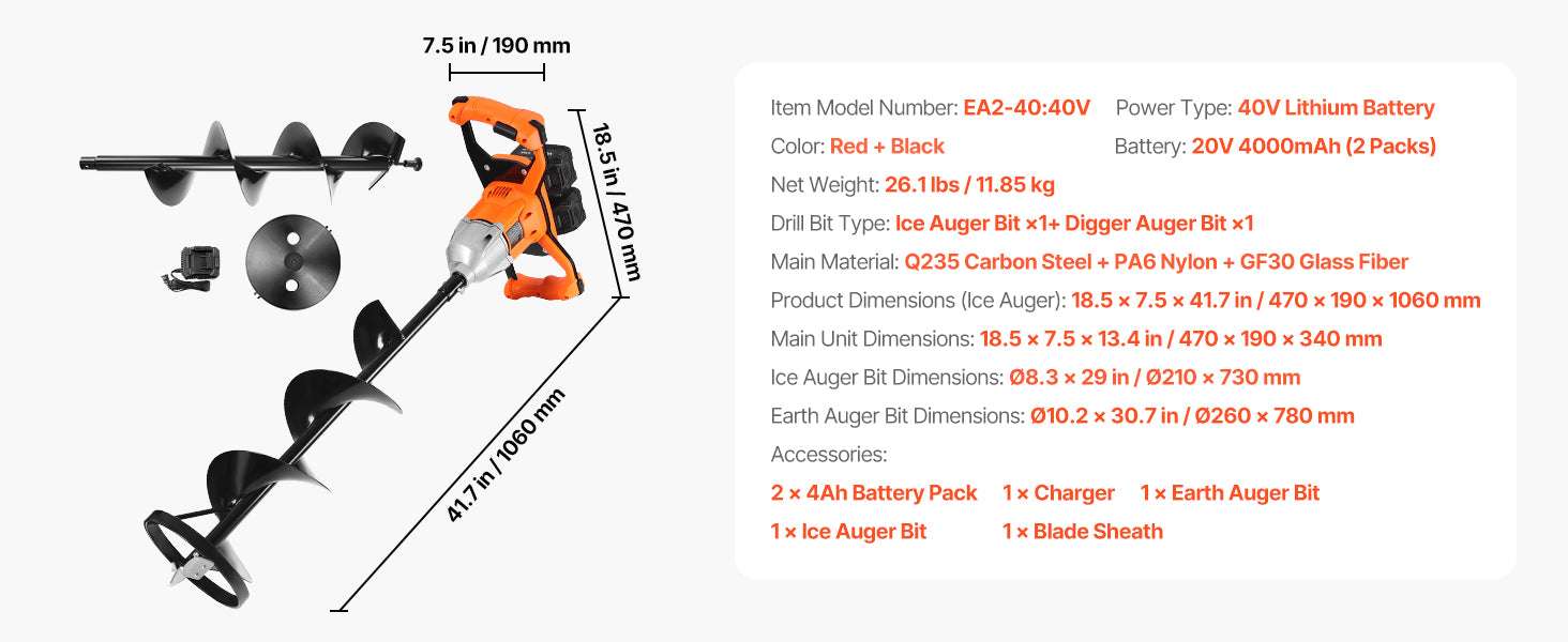 Electric Ice Auger 8" Cordless Drill with Dual Ice & Earth Bits-20V / United States
