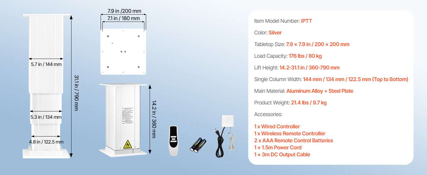 Electric Lifting Column System 176lbs Adjustable 14.2–31.1in-