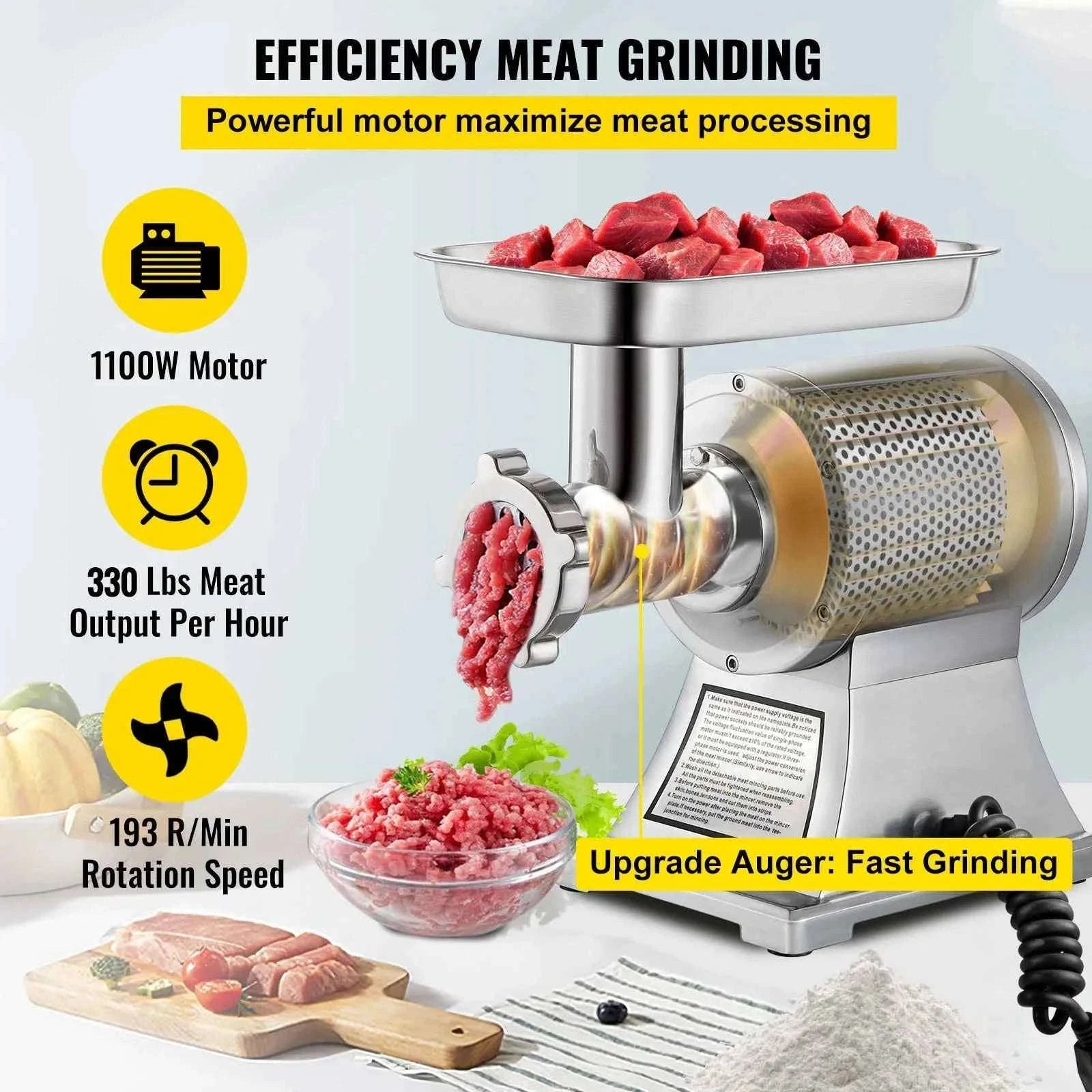 Electric Meat Grinder 550 lbs/h Stainless Steel Mincer-sliver / United States