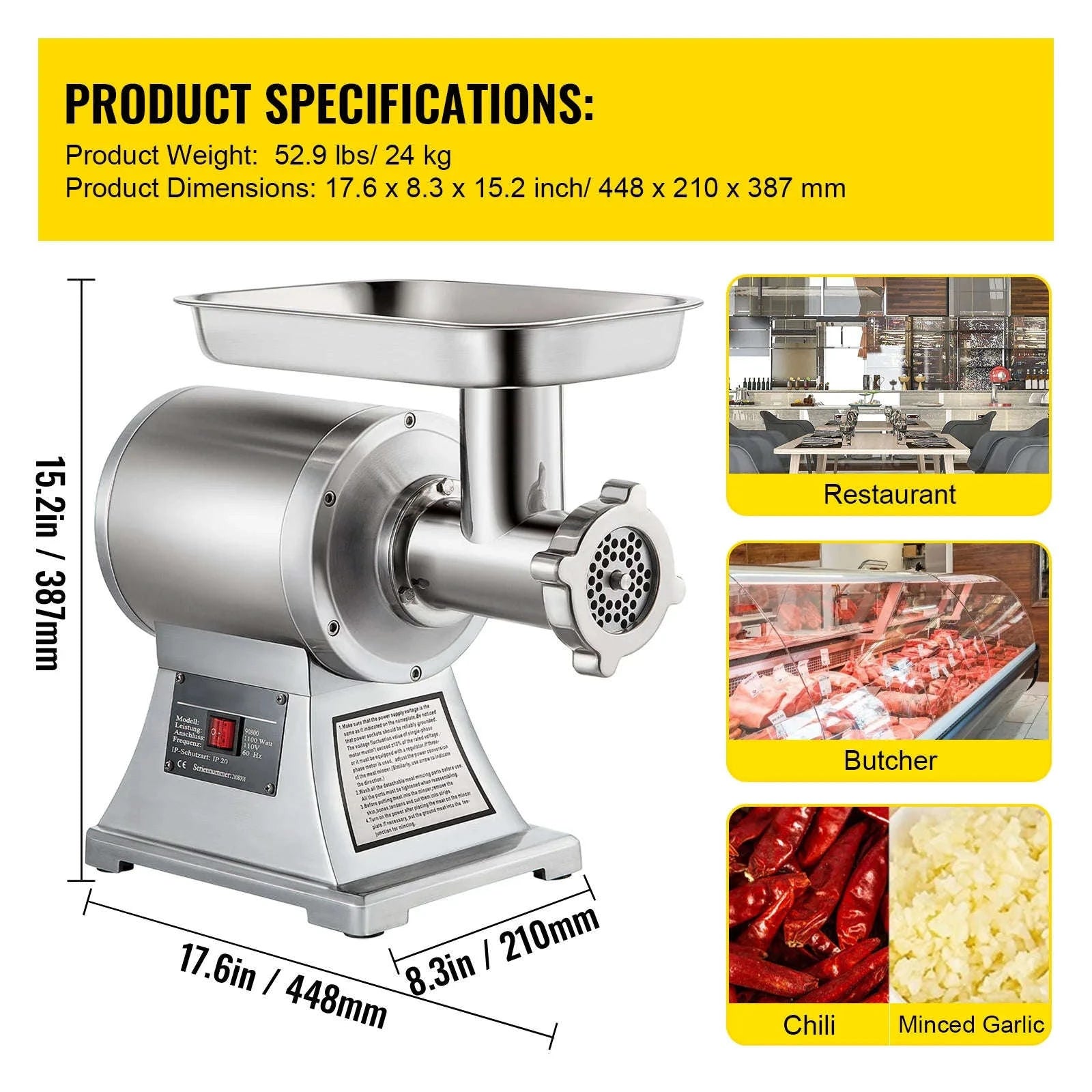 Electric Meat Grinder 550 lbs/h Stainless Steel Mincer-sliver / United States