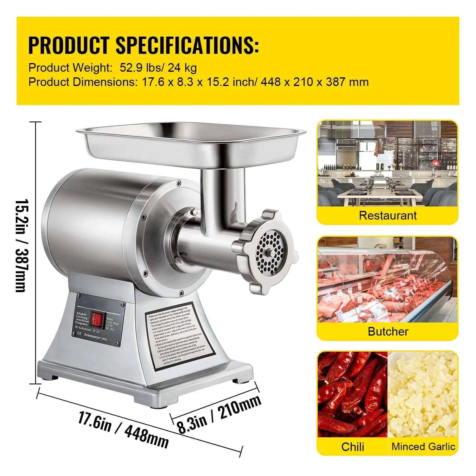 Electric Meat Grinder 550 lbs/h Stainless Steel Mincer-sliver / United States