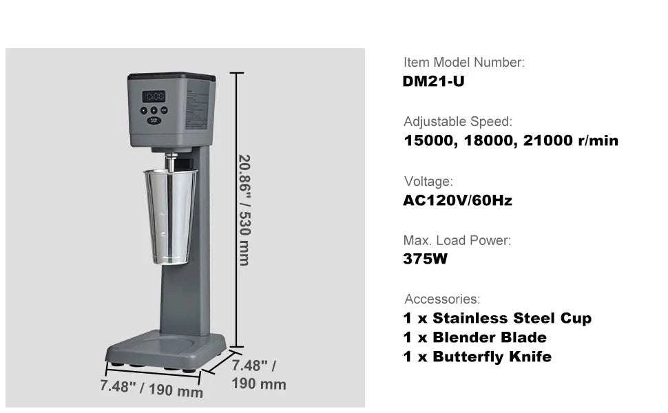 Electric Milkshake Maker 375W with 3 Speeds & 820ml Steel Cup-United States