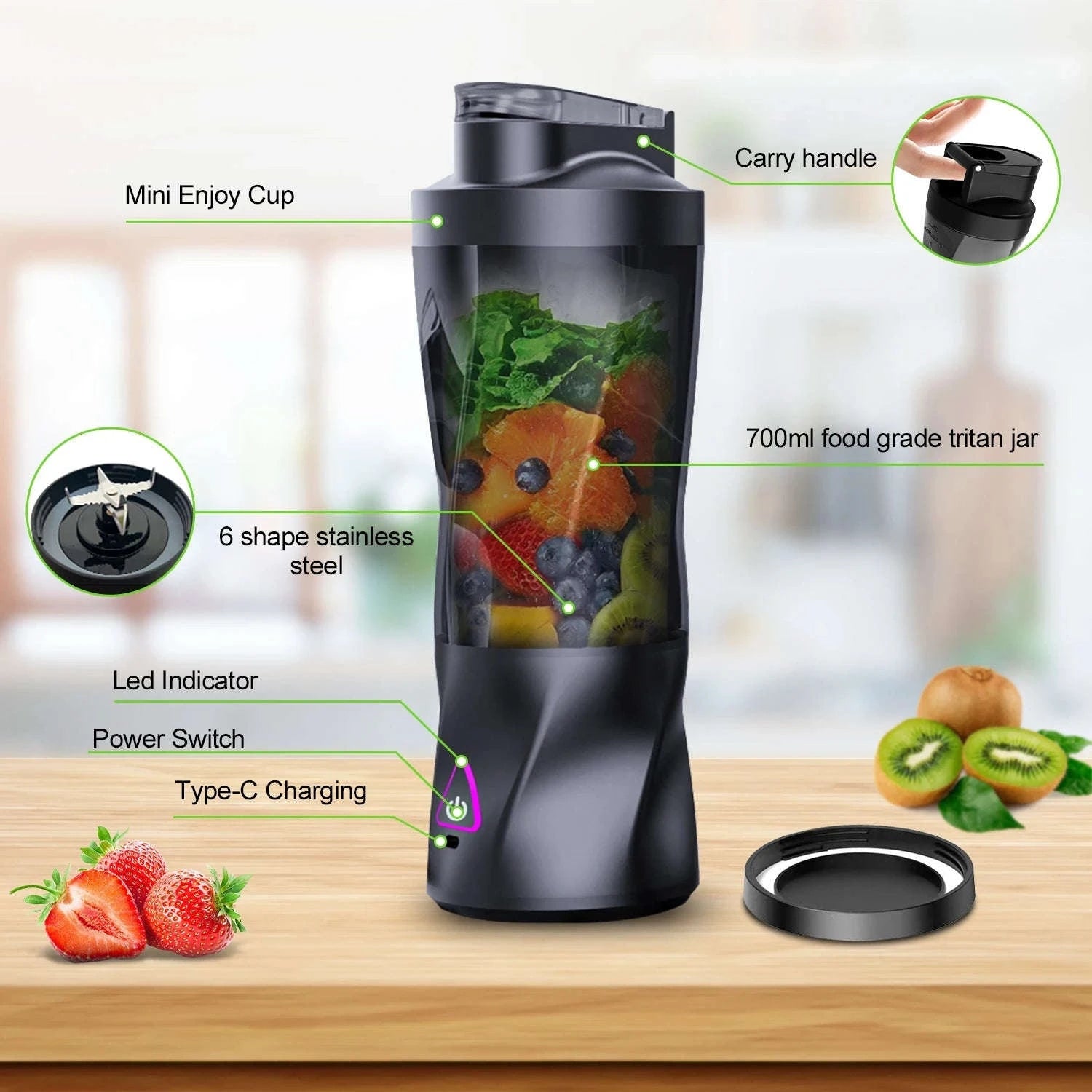 Electric Portable Juicer Blender 700ml USB Rechargeable-HD-10 Black / 11.1