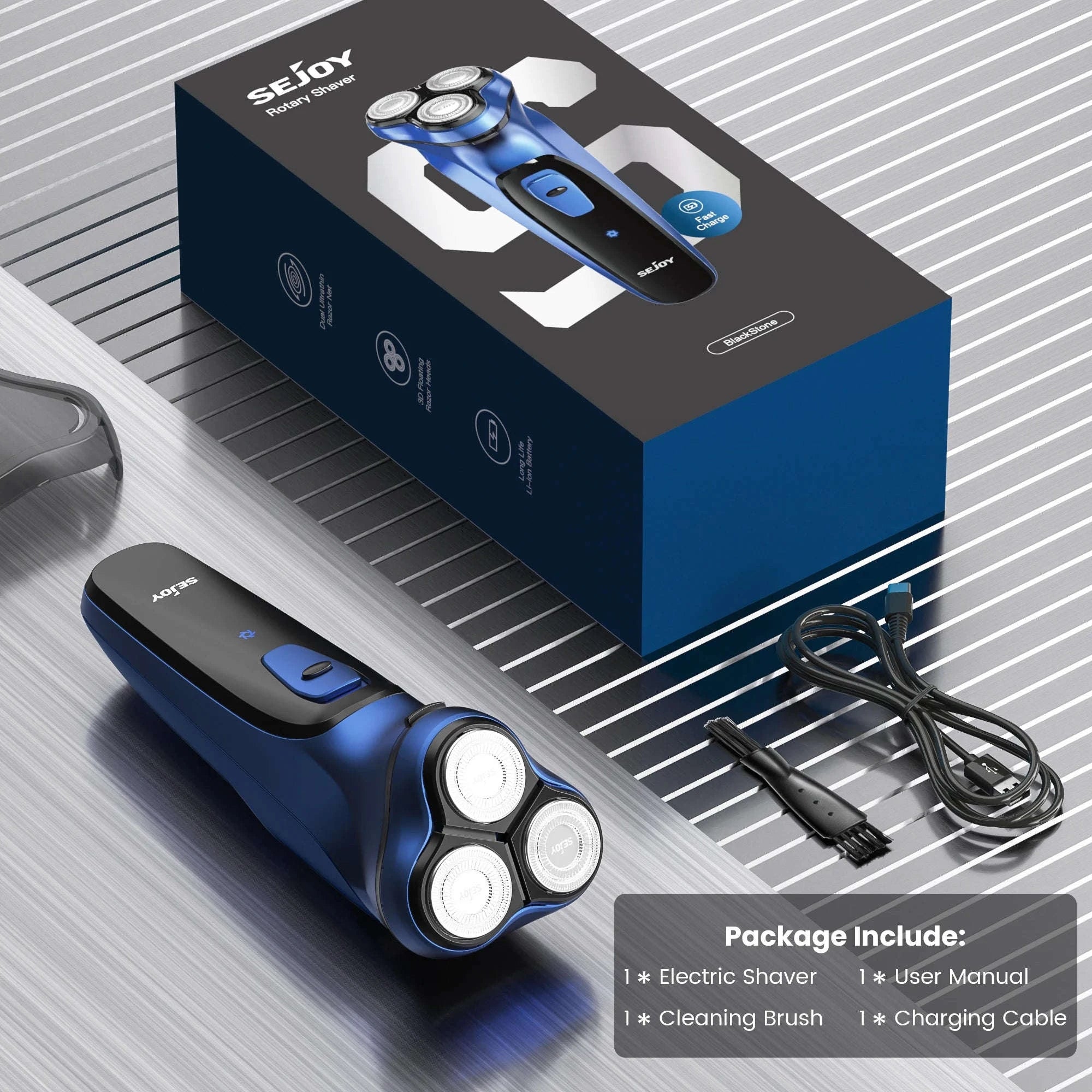 Electric Rotary Shaver for Men with 3D Floating Triple Blades-Blue / United States