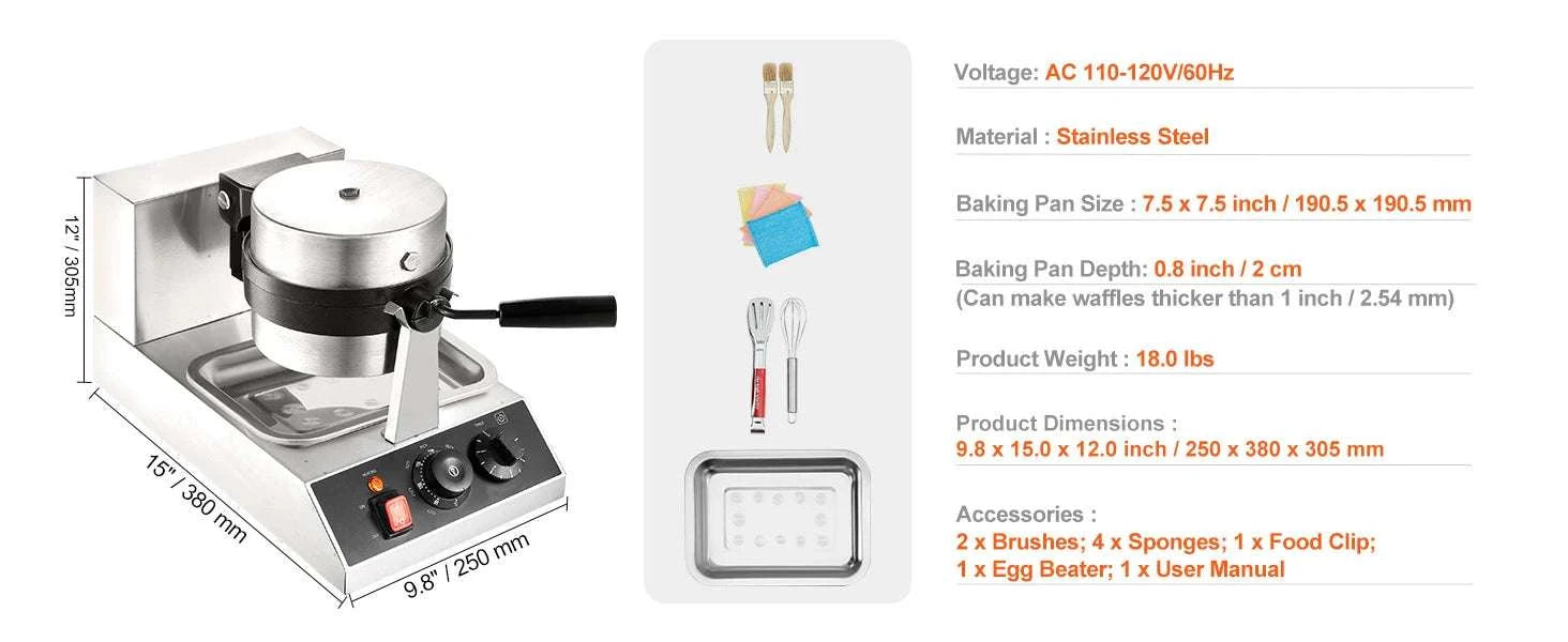 Electric Round Waffle Maker 1300W Non-Stick Stainless Steel Iron-United States