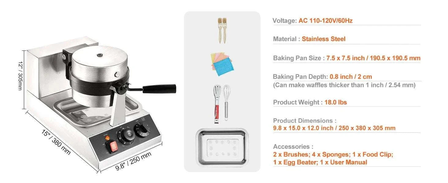 Electric Round Waffle Maker 1300W Non-Stick Stainless Steel Iron-United States