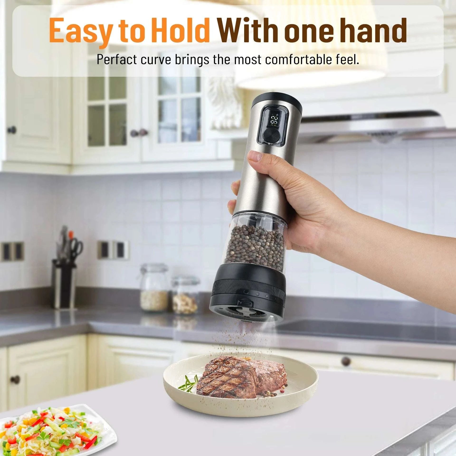 Electric Salt & Pepper Grinder Set with Rechargeable Base & LED-silver