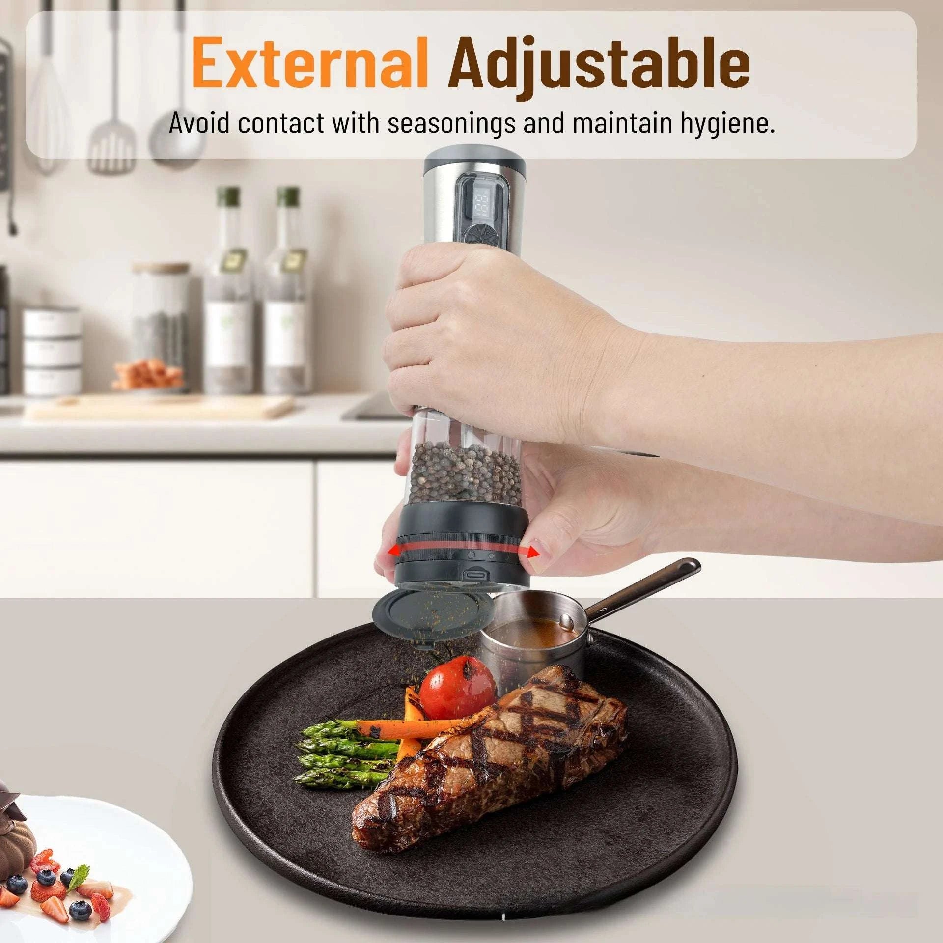 Electric Salt & Pepper Grinder Set with Rechargeable Base & LED-silver