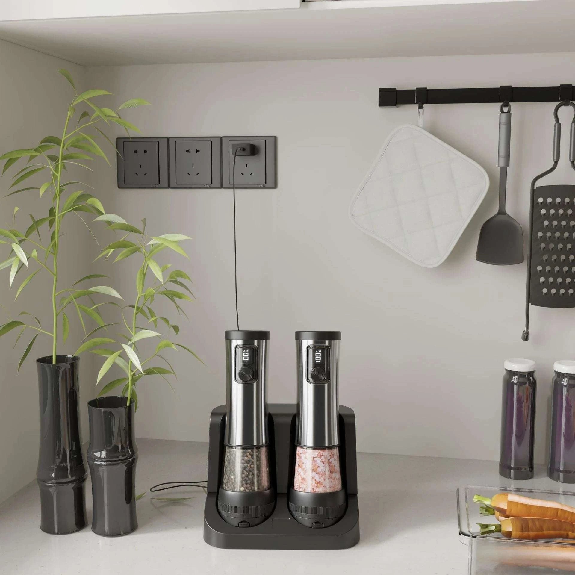 Electric Salt & Pepper Grinder Set with Rechargeable Base & LED-silver