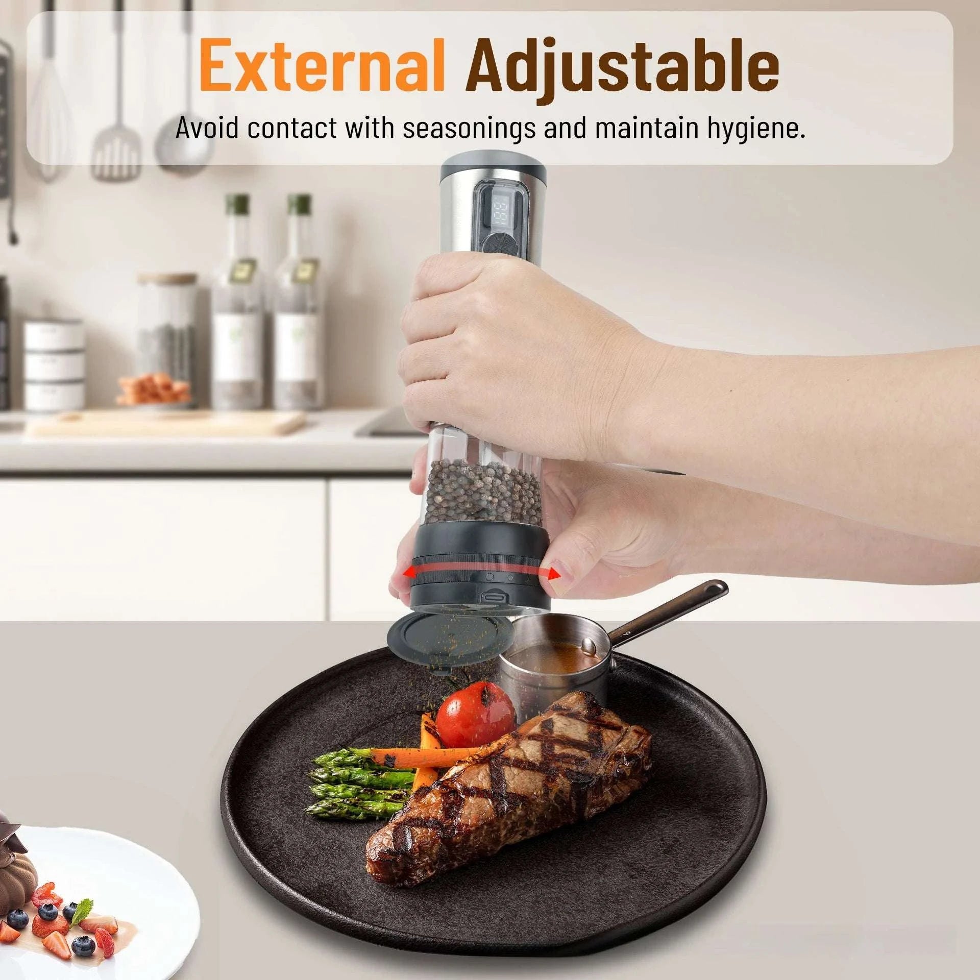 Electric Salt & Pepper Grinder Set with Rechargeable Base & LED-silver