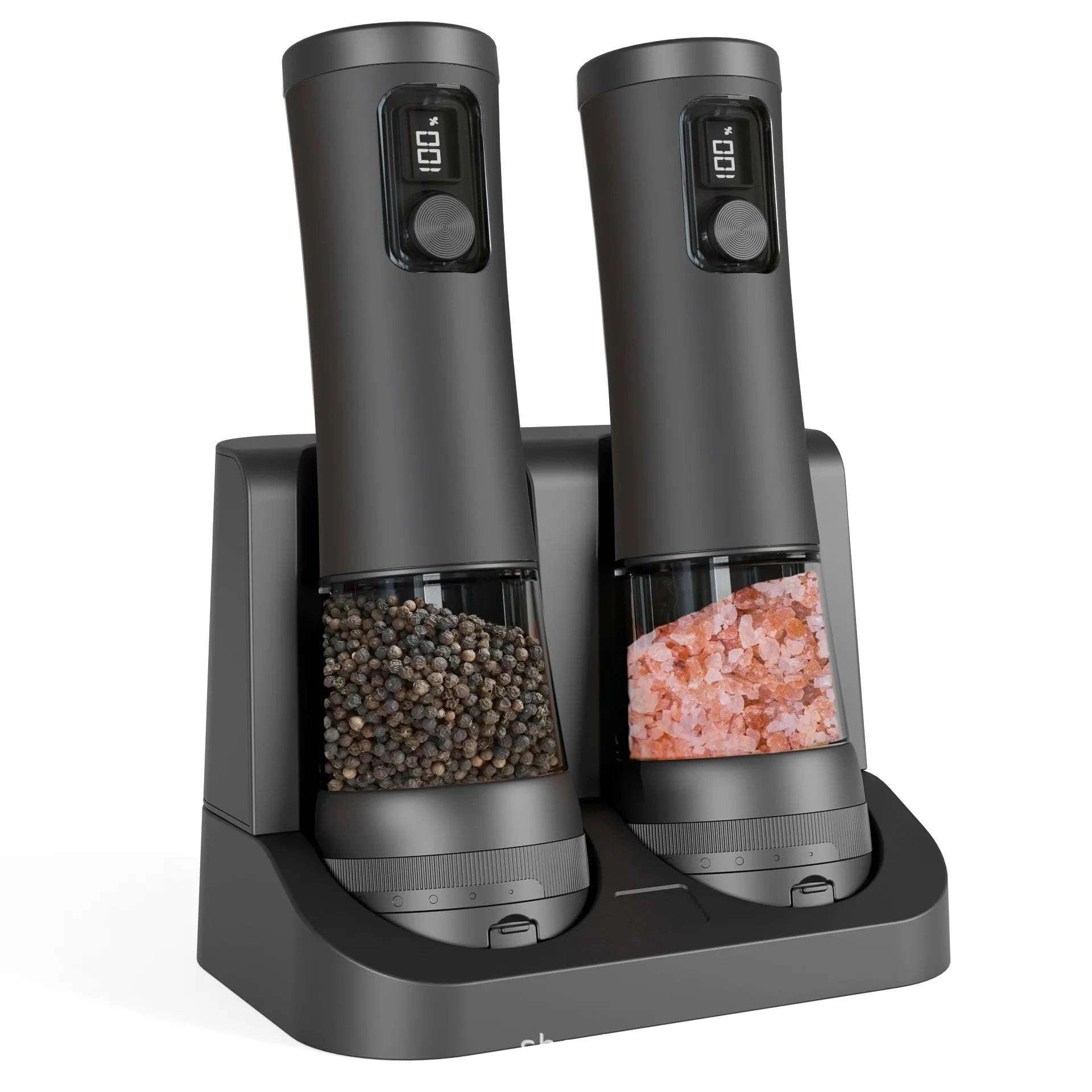 Electric Salt & Pepper Grinder Set with Rechargeable Base & LED-silver