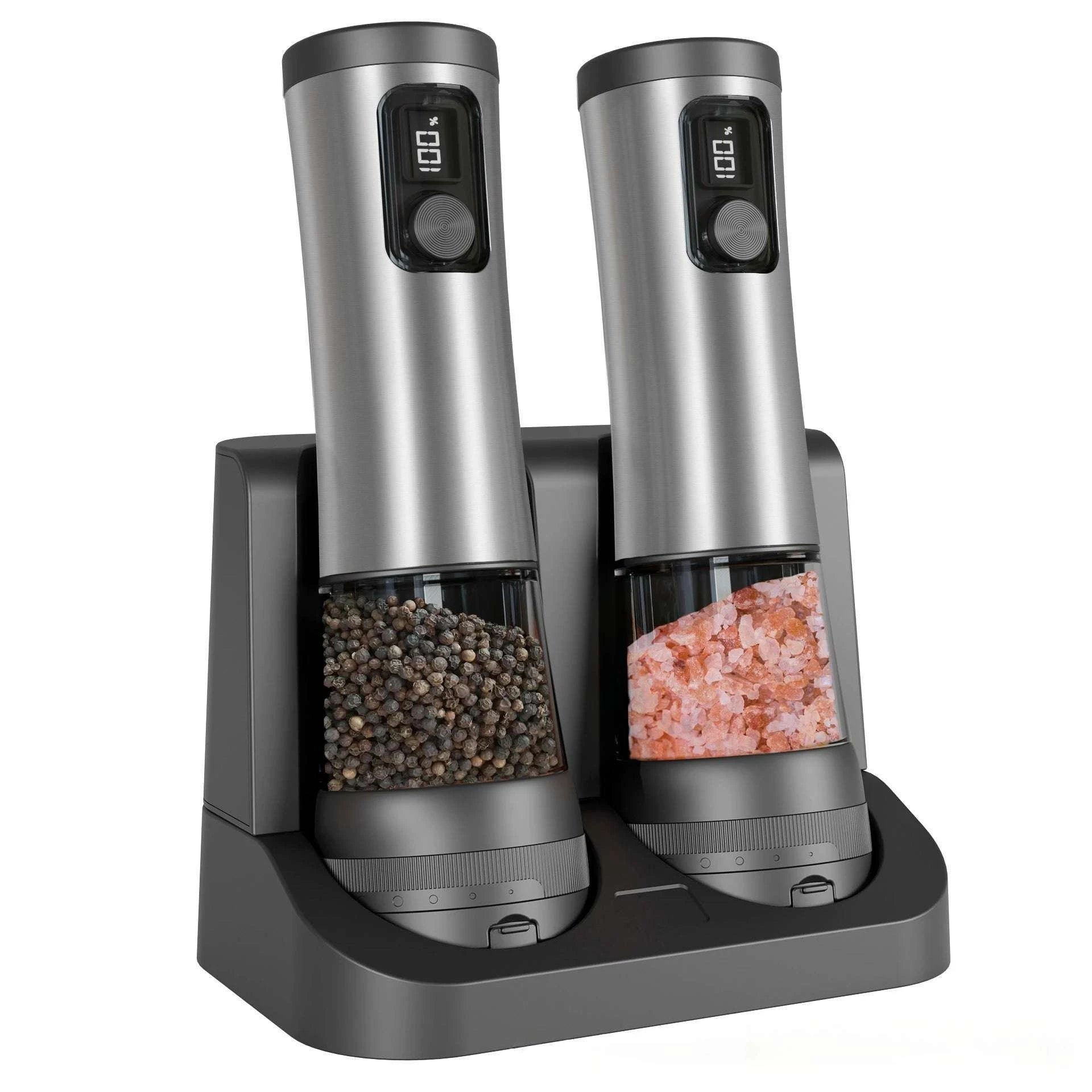 Electric Salt & Pepper Grinder Set with Rechargeable Base & LED-silver