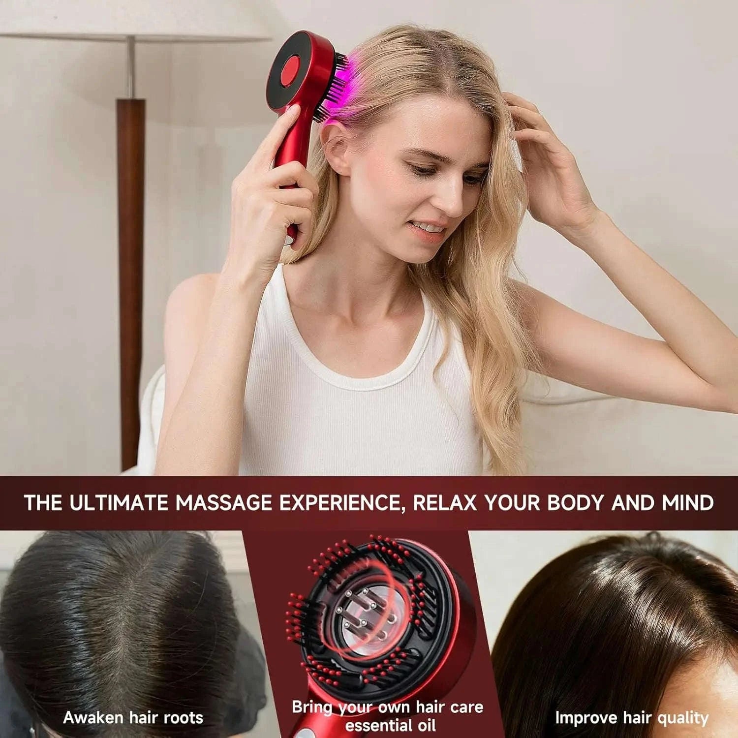 Electric Scalp Massage Comb with Oil Applicator & 5 Speed Modes-Red / United States