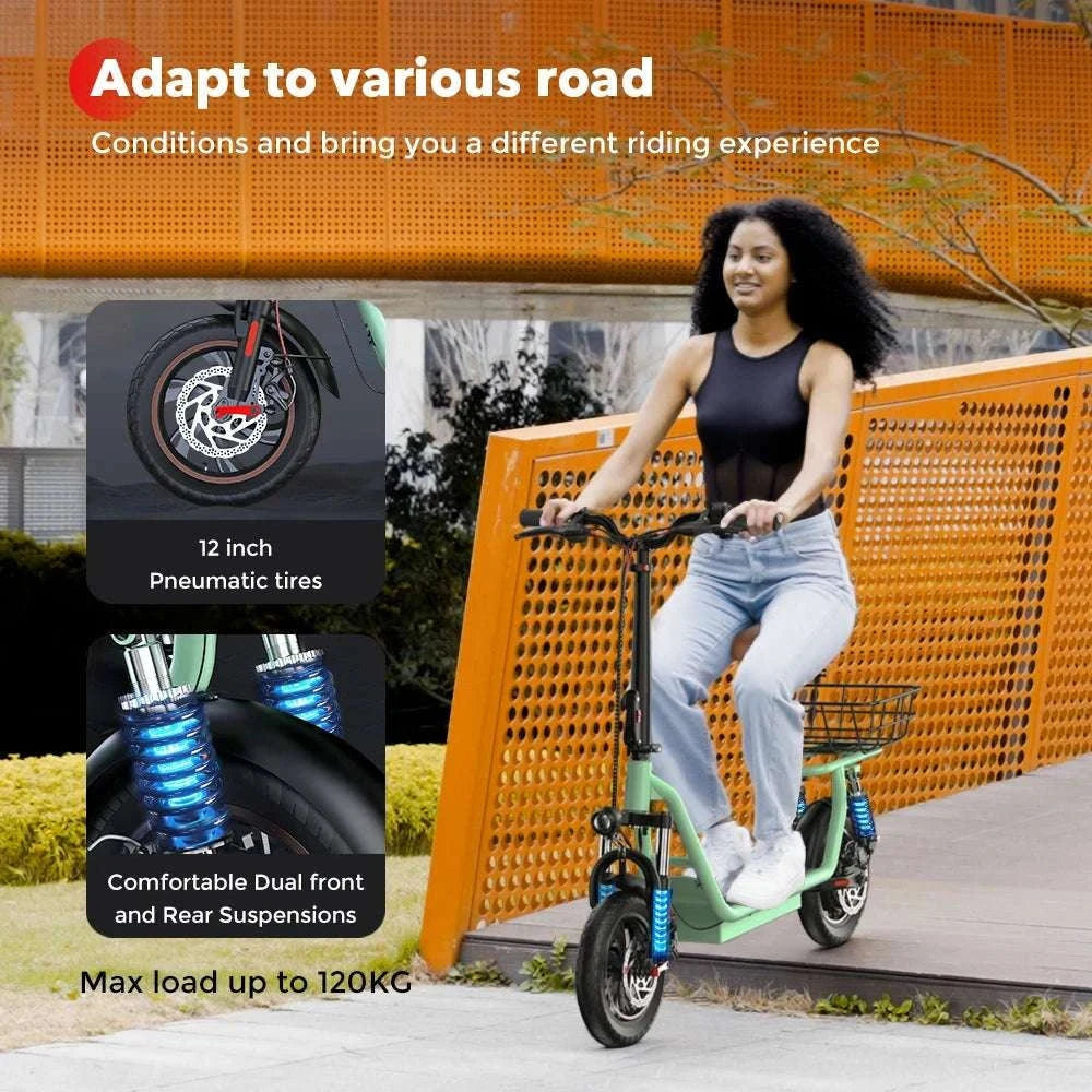 Electric Scooter with Seat 500W Motor 35KM Range 12" Tires-green / france