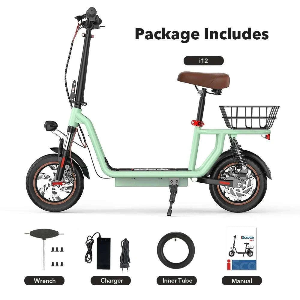 Electric Scooter with Seat 500W Motor 35KM Range 12" Tires-green / france