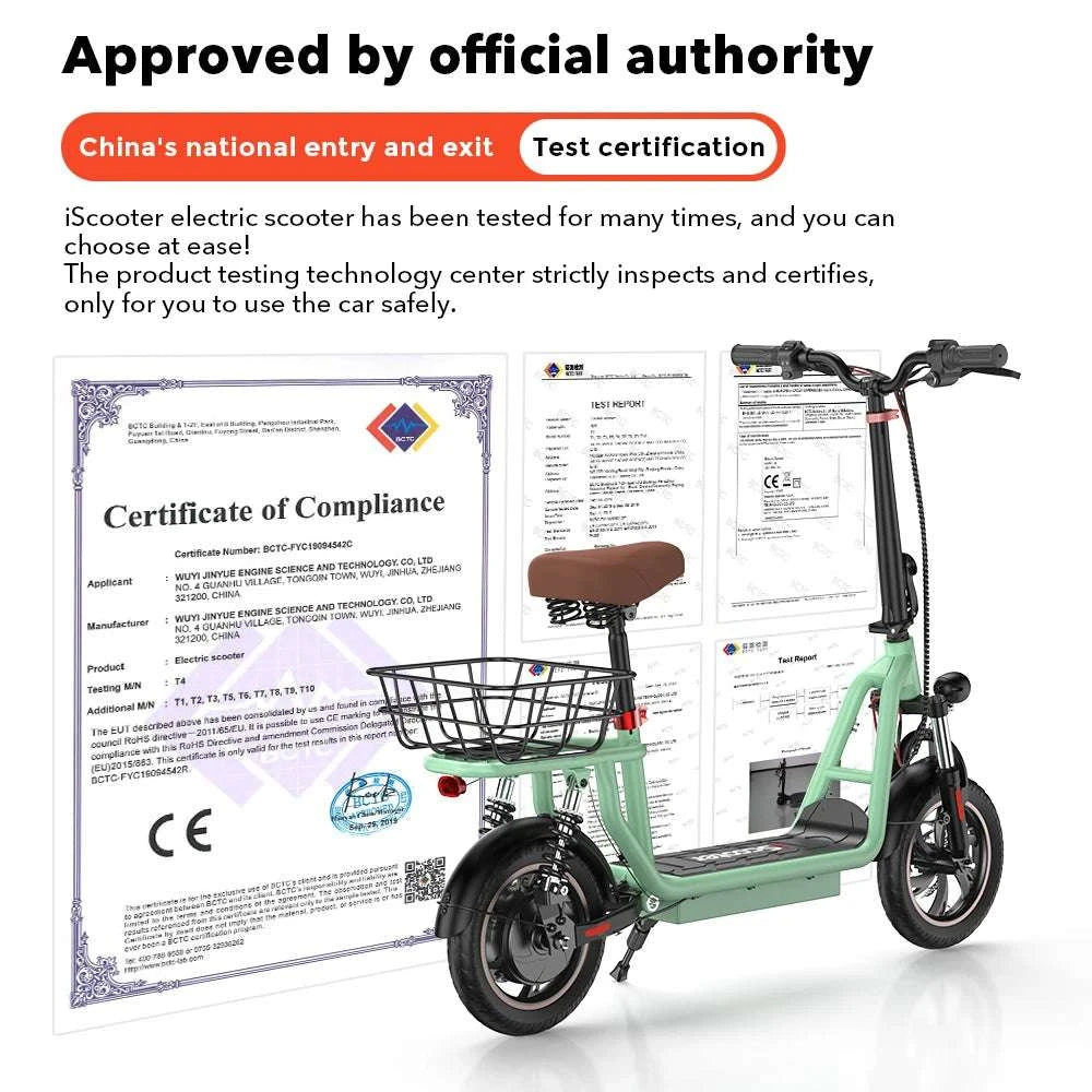 Electric Scooter with Seat 500W Motor 35KM Range 12" Tires-green / france