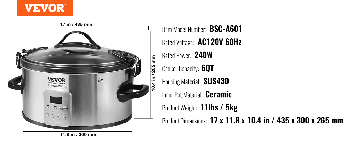8QT Digital Slow Cooker with Ceramic Pot & Locking Lid