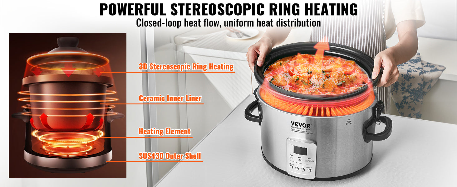 8QT Digital Slow Cooker with Ceramic Pot & Locking Lid