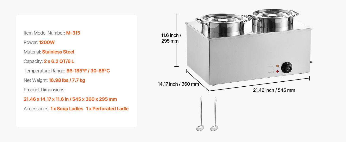 Electric Soup Warmer Dual 6.34QT Pots with Adjustable Heat 1200W-2x6L 1200W / United States