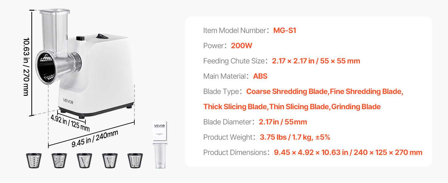 Electric Vegetable Slicer & Cheese Grater 200W 5-in-1 Cutter-white / United States