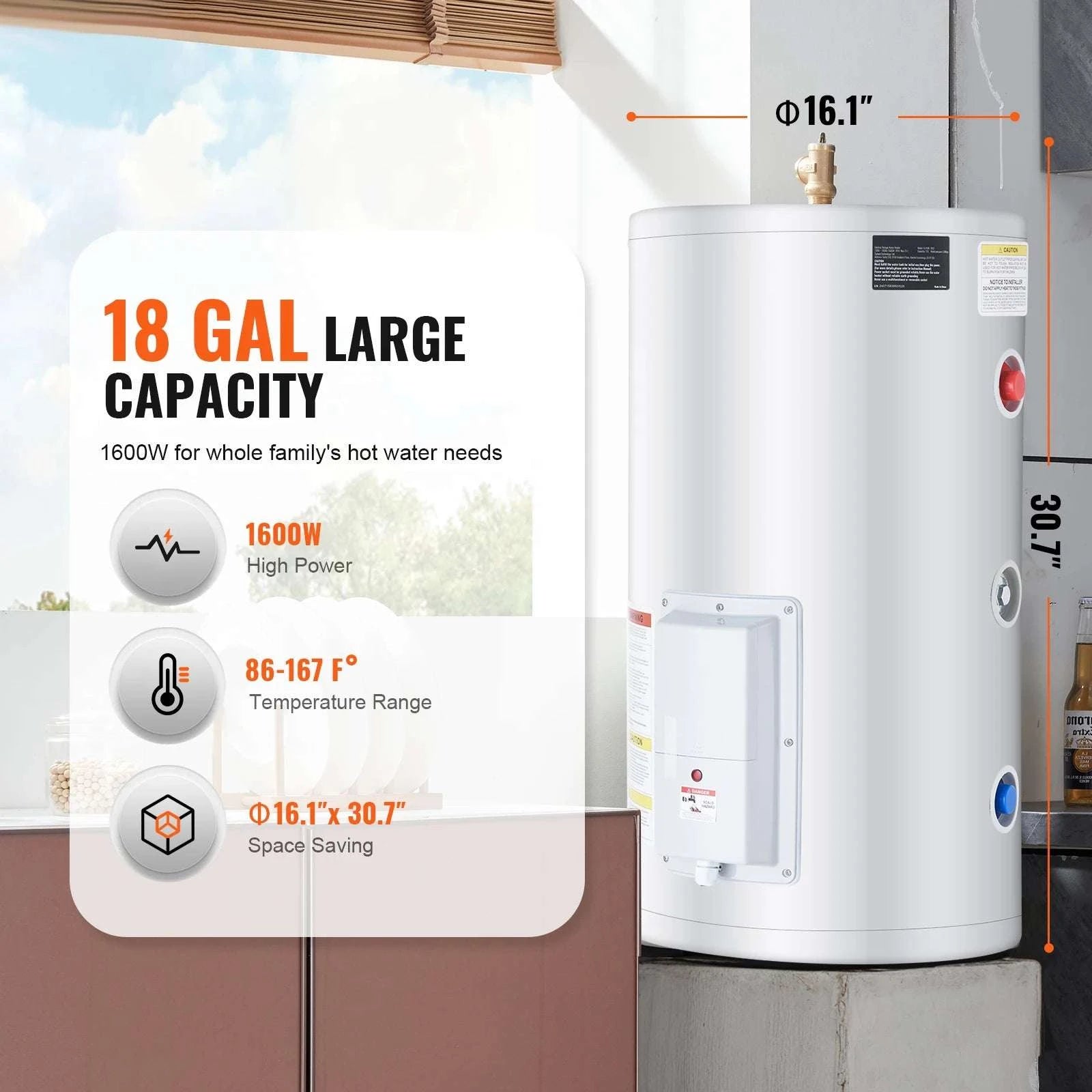 Electric Water Heater 70L Tank with LED Display & Temp Control-