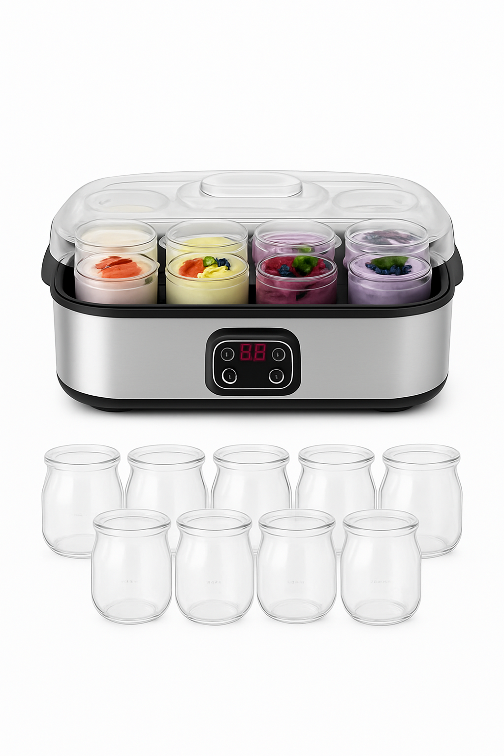 Máquina Elétrica de Fazer Iogurte, Fermentador de Iogurte em Aço Inoxidável com 8 Frascos e 5 Brindes GRÁTIS: Abridor de Garrafas, Separador de Ovos, Esponja para Louça, Pano de Limpeza, Espalhador de Compota