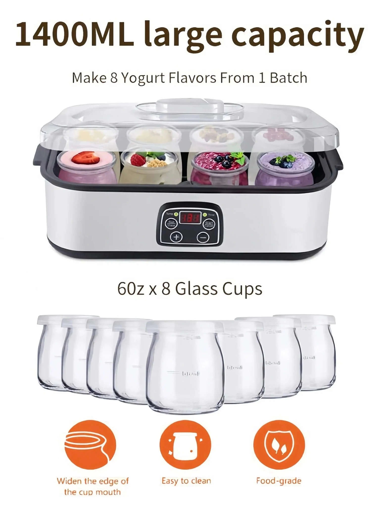 Electric Yogurt Maker Machine, 8 Jars Stainless Steel Yogurt Fermenter with 5 FREE Gifts: Bottle Opener, Egg Separator, Dish Sponge, Cleaning Cloth, Jam Spreader-United States