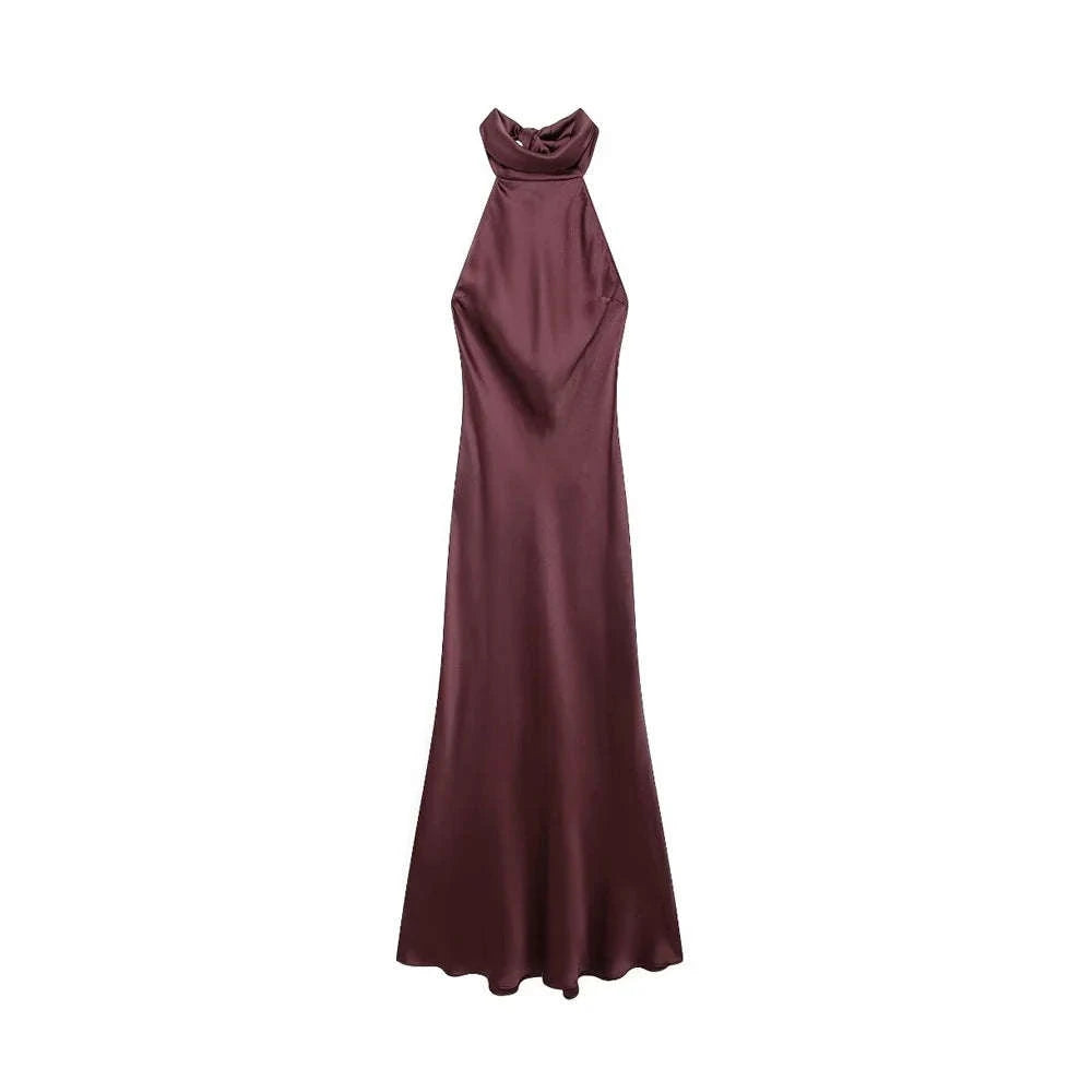 Elegant Backless Satin Halter Dress-as picture / XS
