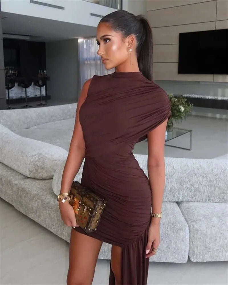 Elegant Irregular Draped Ruched Dress-Coffee / L