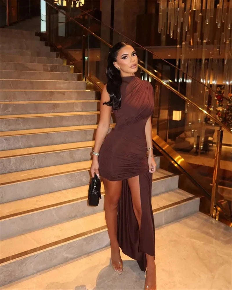 Elegant Irregular Draped Ruched Dress-Coffee / L