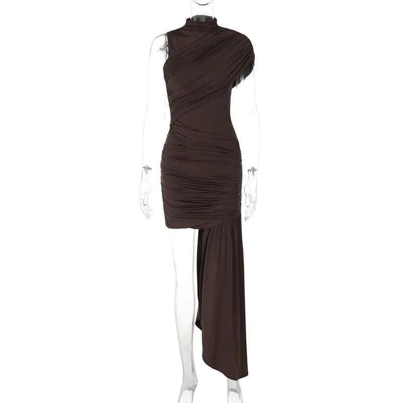 Elegant Irregular Draped Ruched Dress-Coffee / L