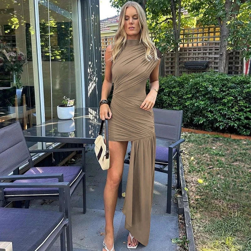 Elegant Irregular Draped Ruched Dress-Coffee / L