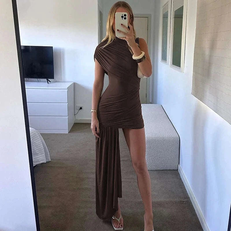 Elegant Irregular Draped Ruched Dress-Coffee / L