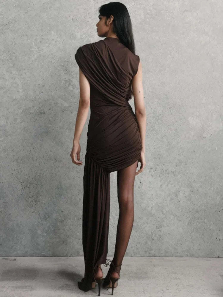 Elegant Irregular Draped Ruched Dress-Coffee / L