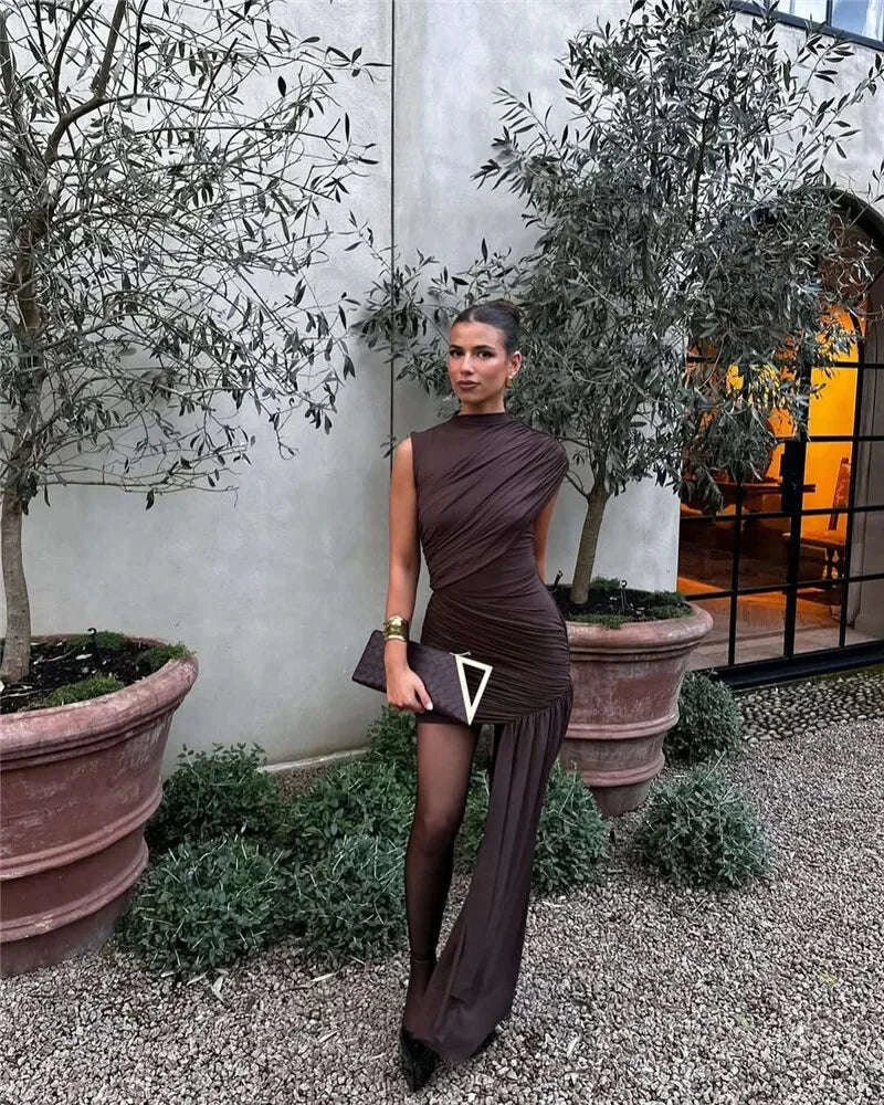 Elegant Irregular Draped Ruched Dress-Coffee / L