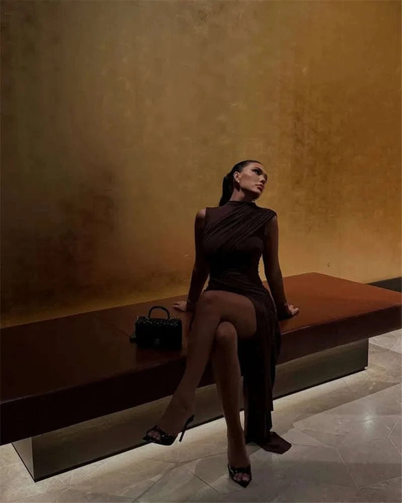 Elegant Irregular Draped Ruched Dress-Coffee / L
